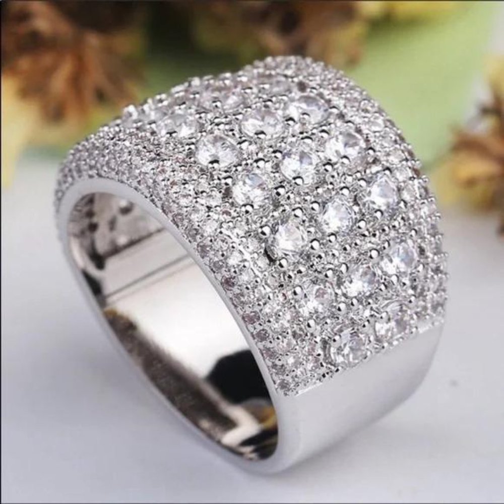 PAVE WIDE BAND 925 STERLING SILVER ROUND DIAMOND RING - Picture 6 of 8